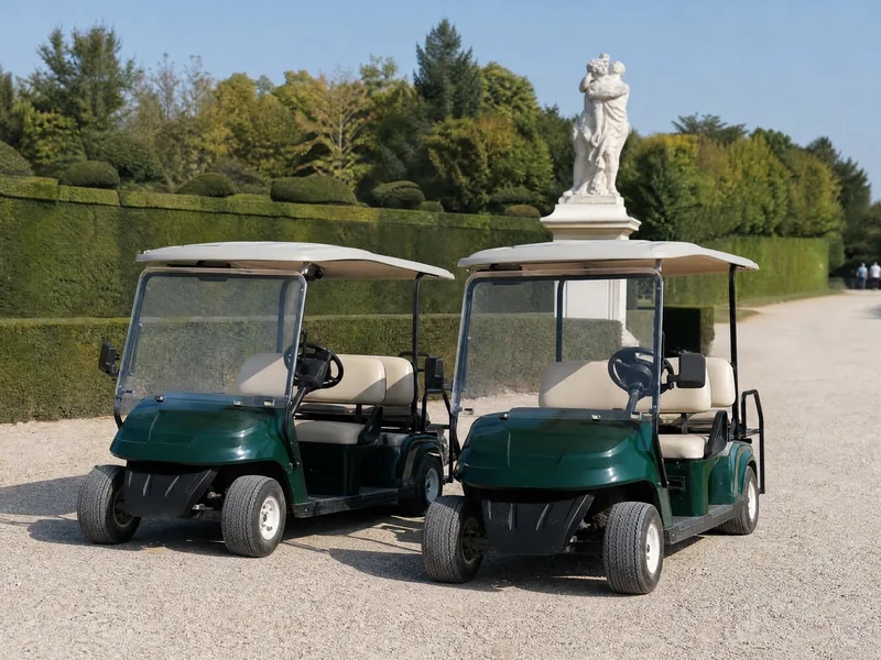 Golf-Carts und Fahrräder, Weiler und Brunnen